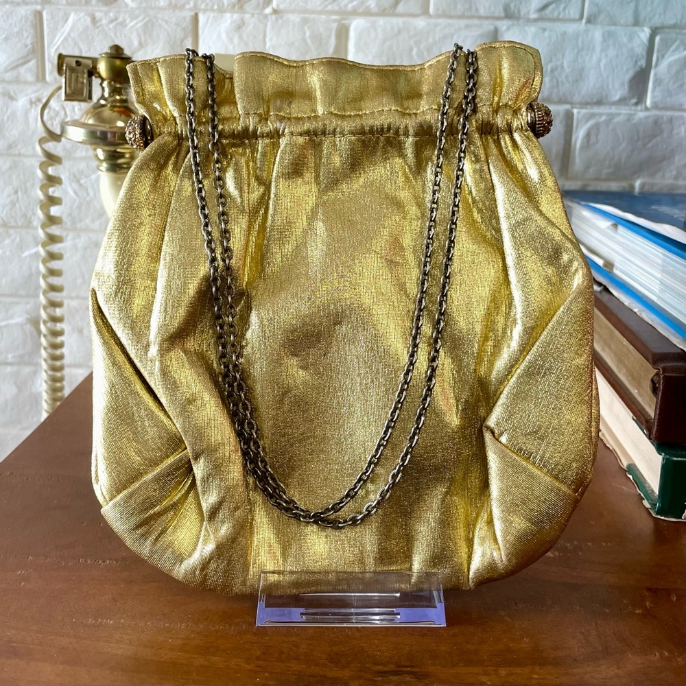 Vintage 1940s 50s Metallic Gold Fabric Slouch Bag Rhinestone Gold Tone Clasps - Picture 2 of 14
